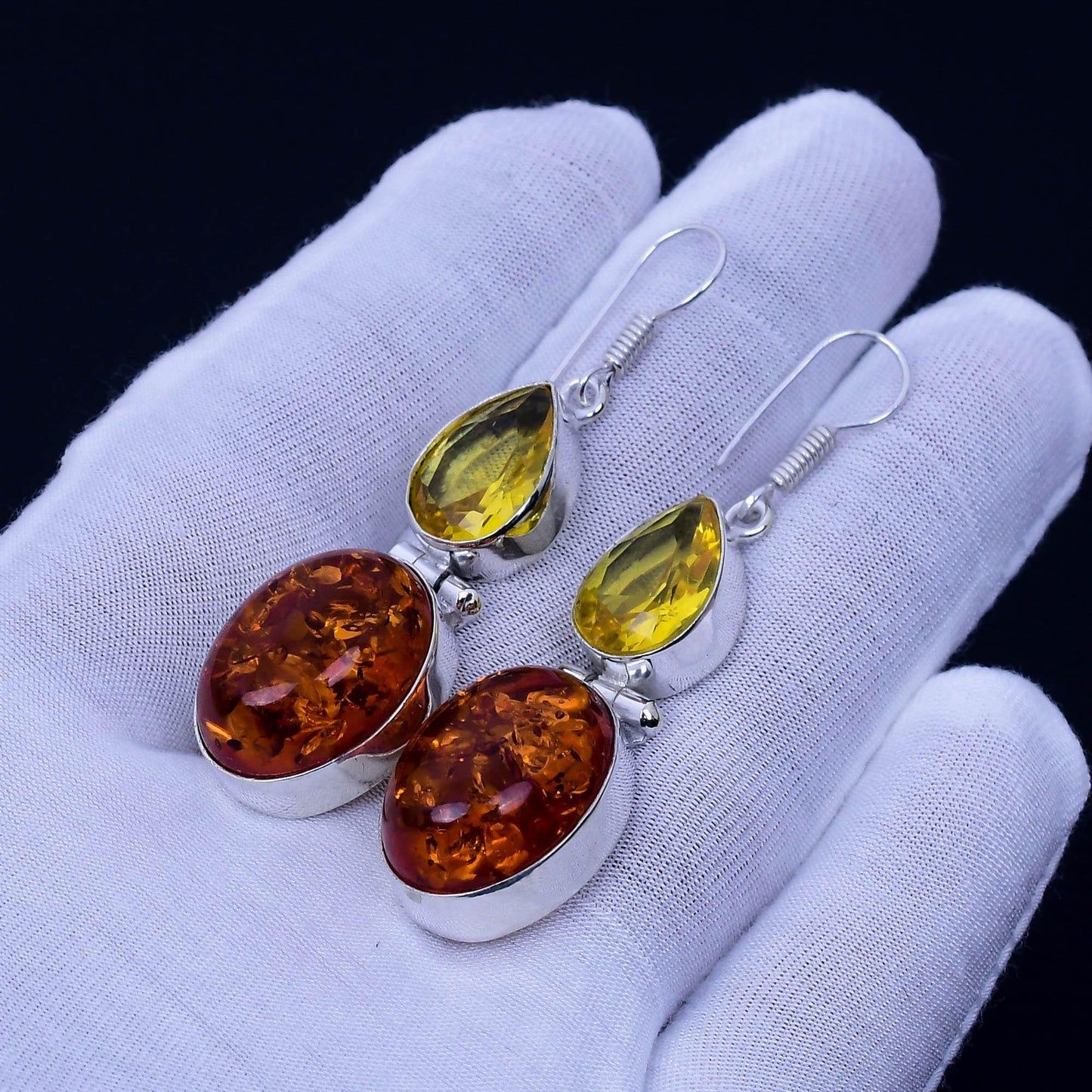 Golden Baltic Amber & Citrine Sterling Silver Earrings