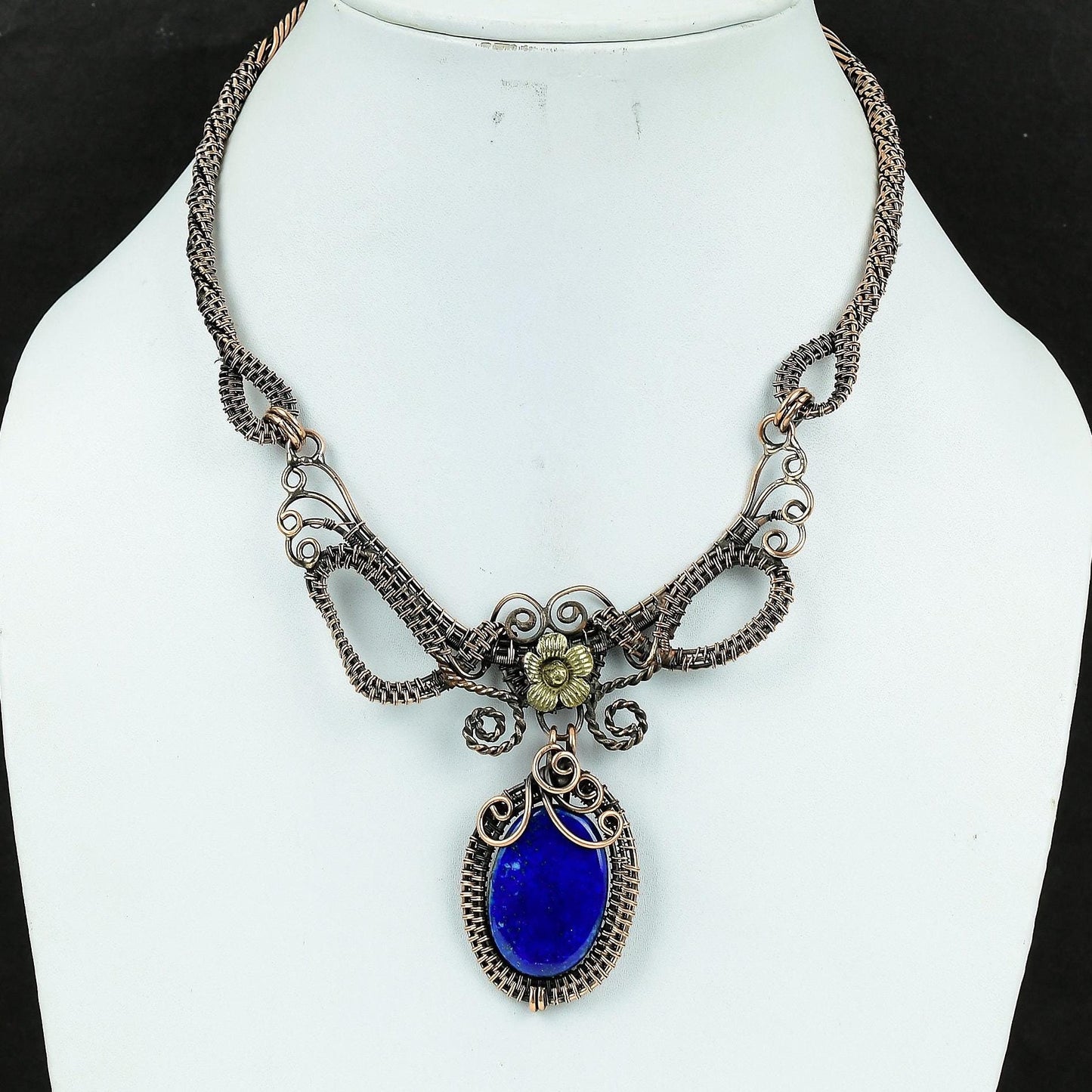 Lapis Lazuli Blue Gemstone Copper Wire-Wrap Necklace