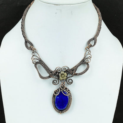 Lapis Lazuli Blue Gemstone Copper Wire-Wrap Necklace