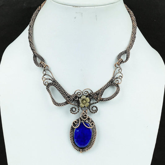 Lapis Lazuli Blue Gemstone Copper Wire-Wrap Necklace