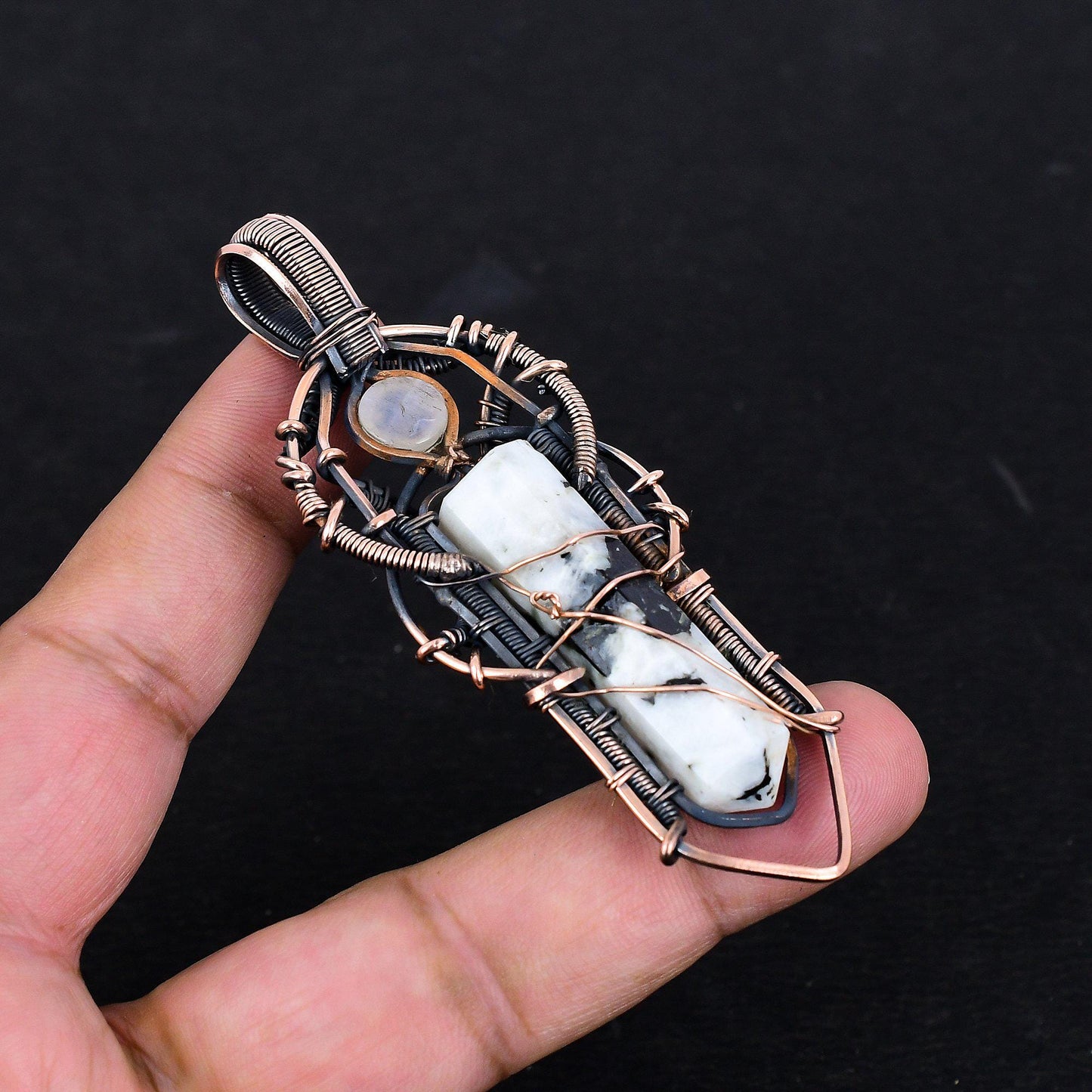 White Moonstone Gemstone Copper Wire Pendant