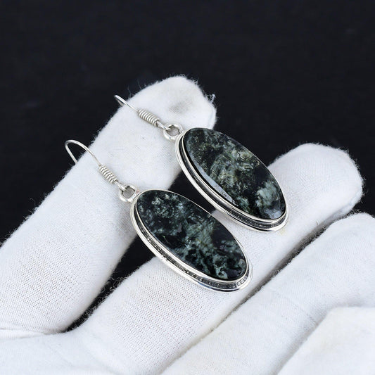 Black Larvikite Oval Sterling Silver Earrings