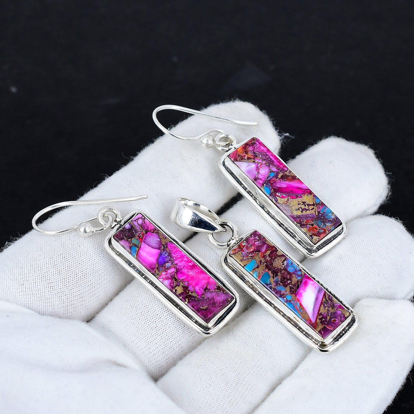 Dahlia Pink Spiny Oyster Gemstone Pendant & Earrings
