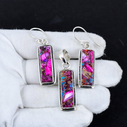 Dahlia Pink Spiny Oyster Gemstone Pendant & Earrings