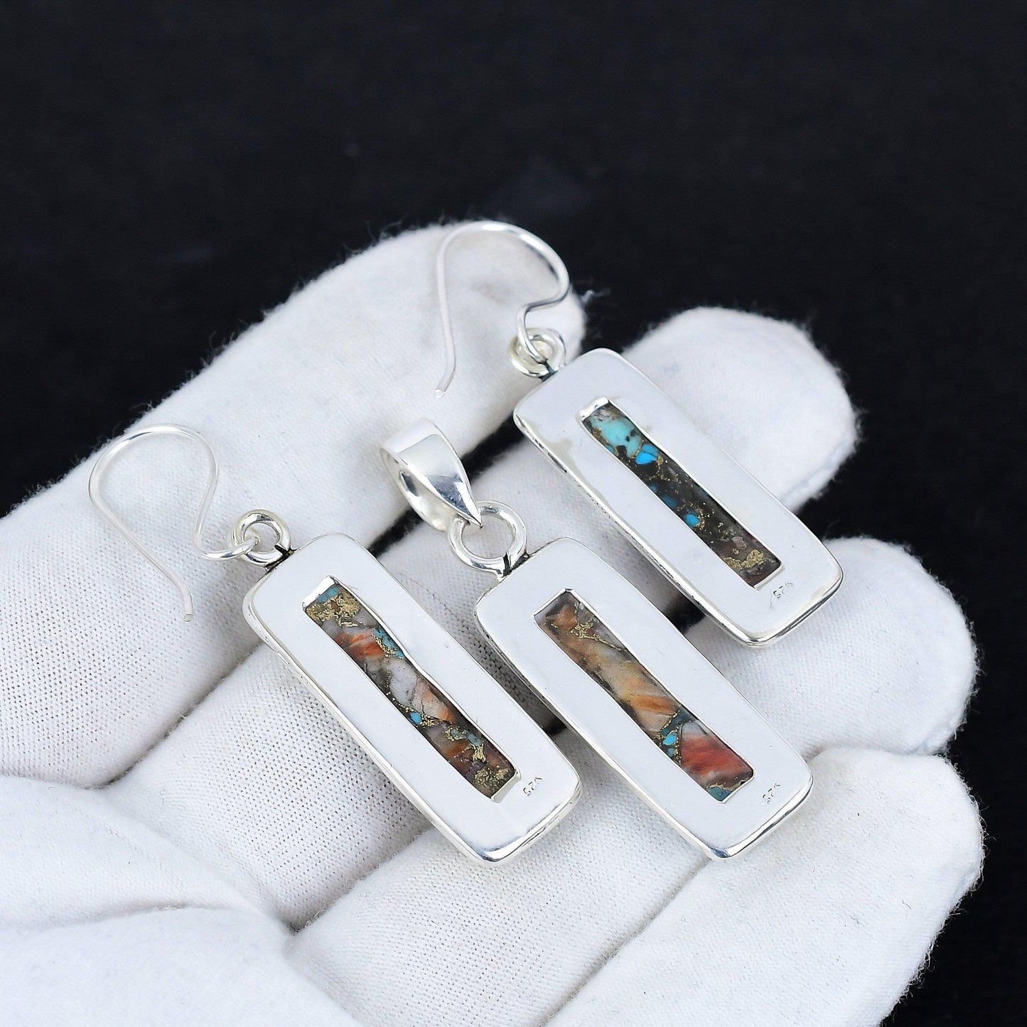 Orange Spiny Oyster Gemstone Pendant and Earrings Set