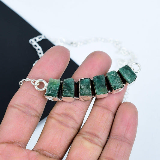 Green Raw Emerald 925 Sterling Silver Necklace