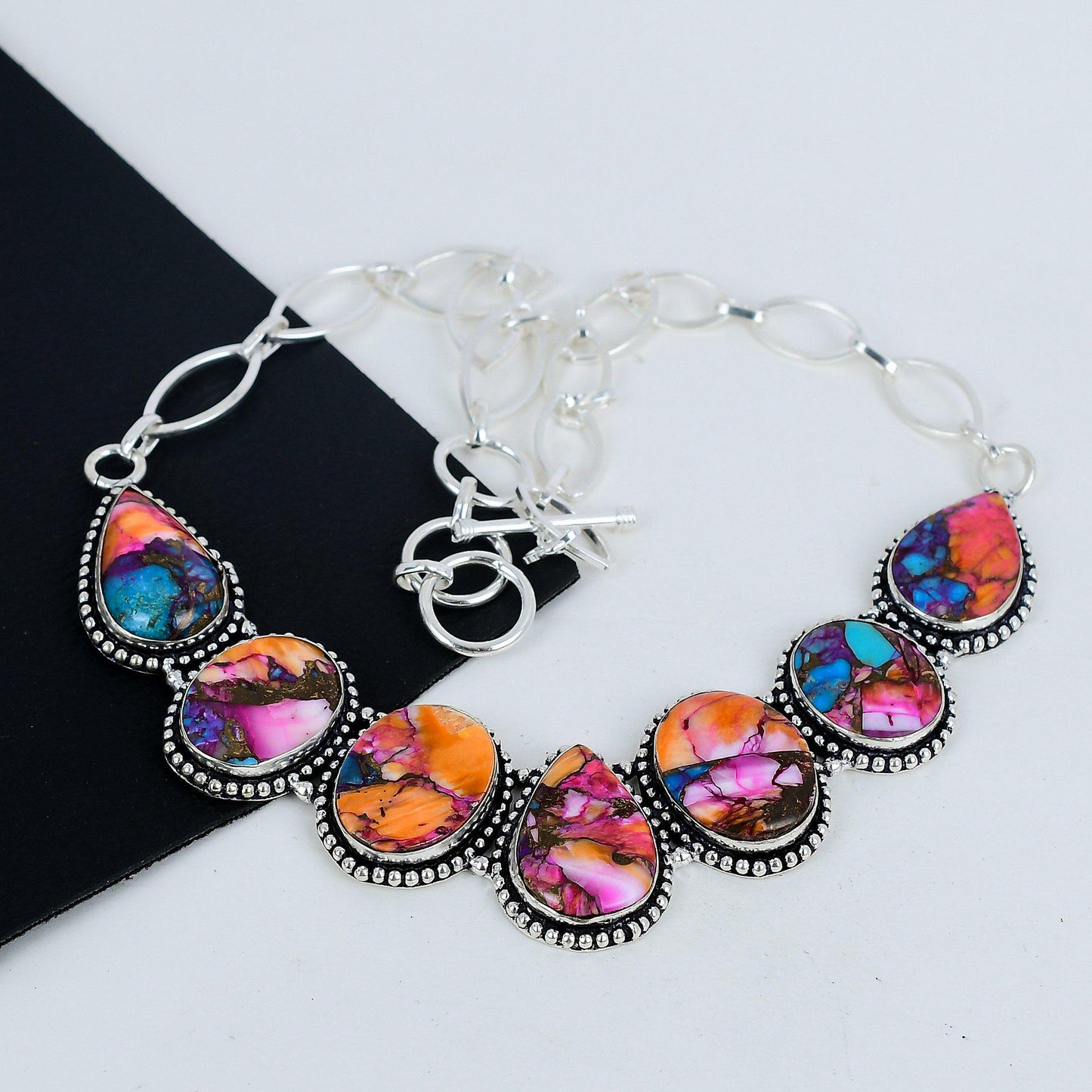 Multi-Color Spiny Oyster Sterling Silver Necklace