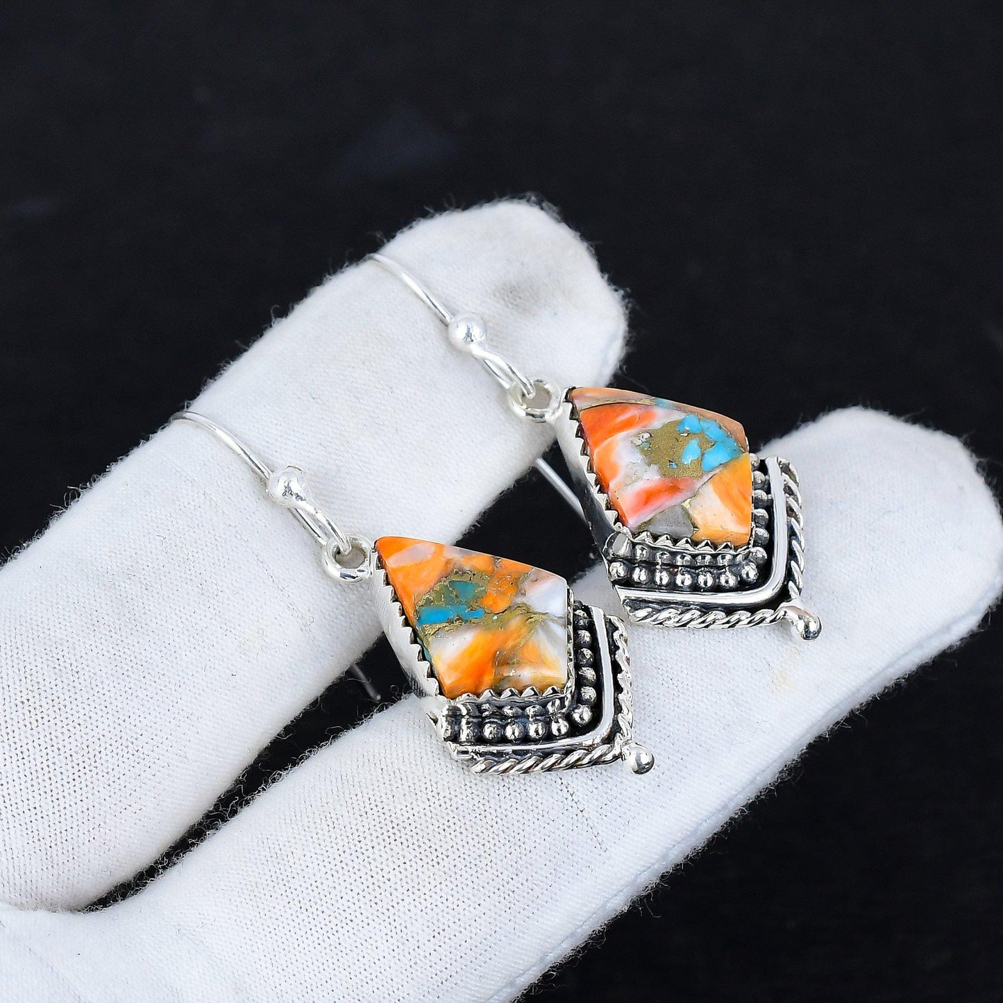 Orange Spiny Oyster Gemstone Earrings