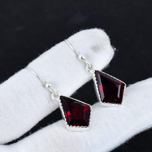 Red Garnet Gemstone Sterling Silver Dangle Earrings
