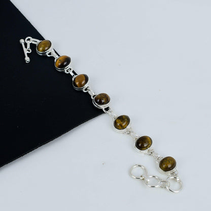 Golden Brown Tiger Eye Gemstone Silver Bracelet
