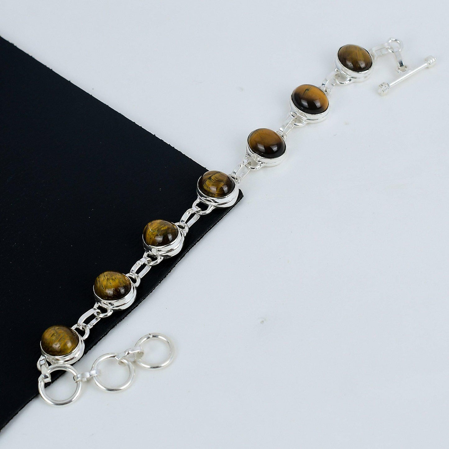 Golden Brown Tiger Eye Gemstone Silver Bracelet