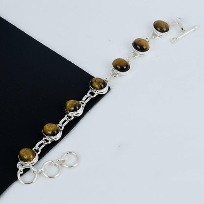 Golden Brown Tiger Eye Gemstone Silver Bracelet