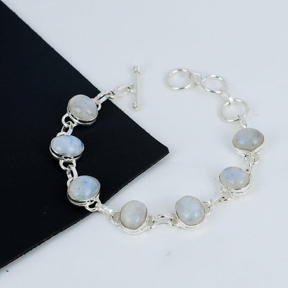 Rainbow Moonstone Gemstone Sterling Silver Bracelet