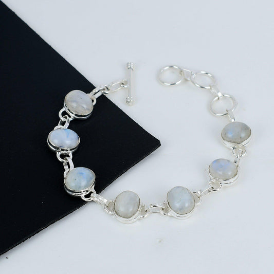 Rainbow Moonstone Gemstone Sterling Silver Bracelet