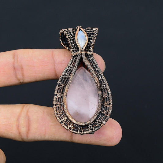 Pink Rose Quartz & Moonstone Gemstone Copper Pendant
