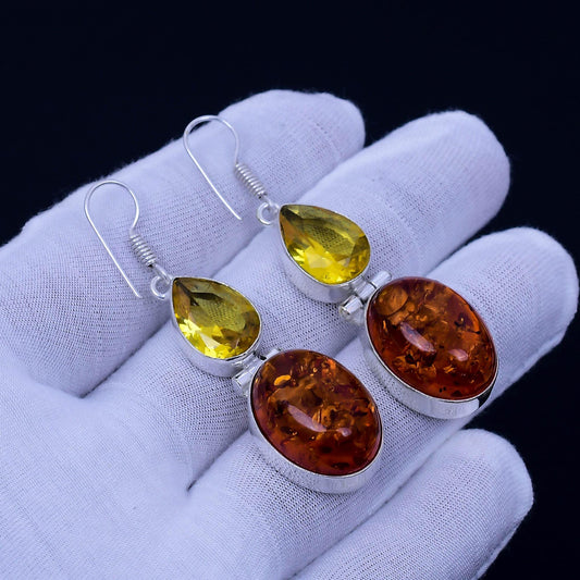 Golden Baltic Amber & Citrine Sterling Silver Earrings