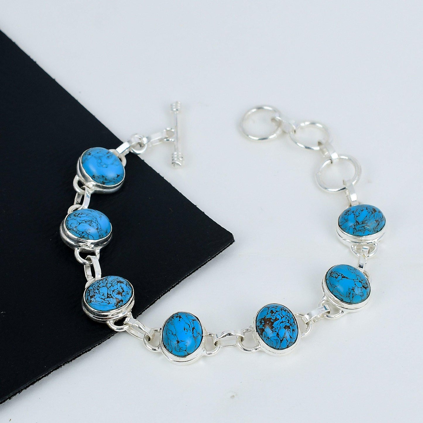 Blue Turquoise Gemstone Sterling Silver Bracelet