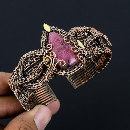 Pink Rhodonite Gemstone Copper Cuff Bracelet