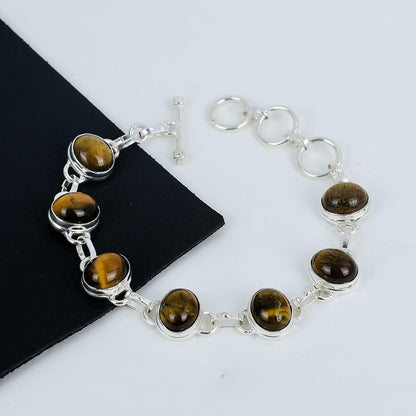 Golden Brown Tiger Eye Gemstone Silver Bracelet