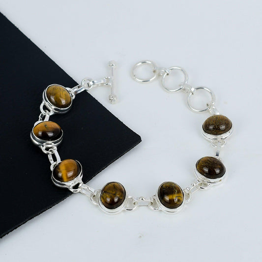 Golden Brown Tiger Eye Gemstone Silver Bracelet