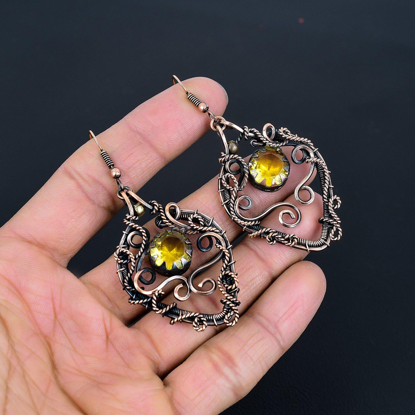 Yellow Citrine Gemstone Copper Earrings