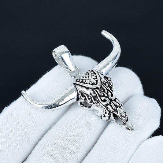 Silver Buffalo Skull Gemstone Pendant