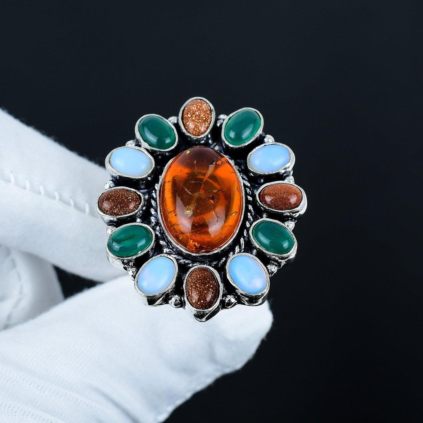 Amber, Green Onyx & Sunstone Sterling Silver Ring