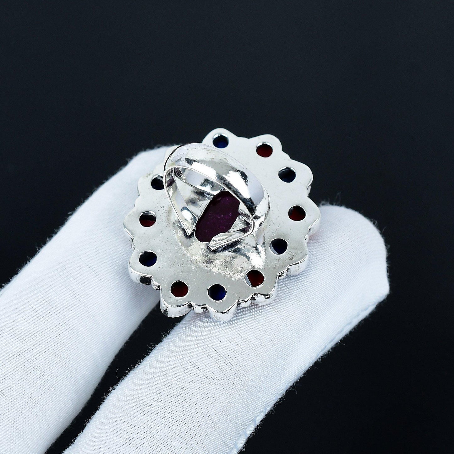 Red Ruby Coral & Blue Lapis Gemstone Ring