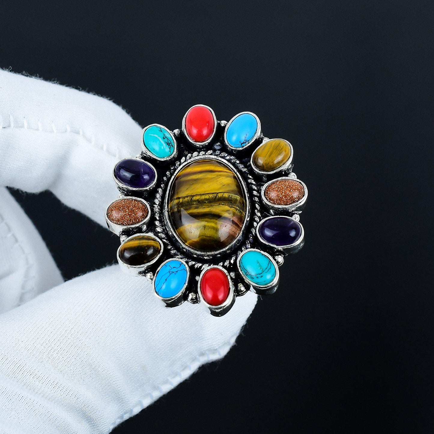 Brown Tiger Eye and Red Coral Gemstone Ring