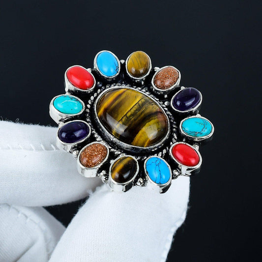 Brown Tiger Eye and Red Coral Gemstone Ring