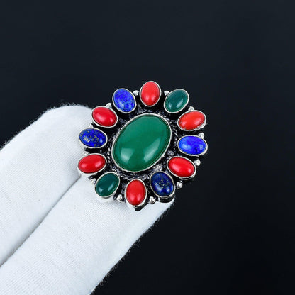 Green Onyx Red Coral & Lapis Lazuli Gemstone Ring
