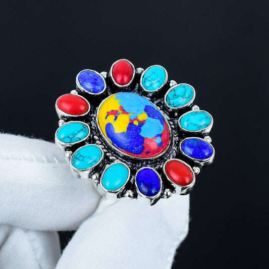 Red and Blue Mosaic Jasper Gemstone Ring