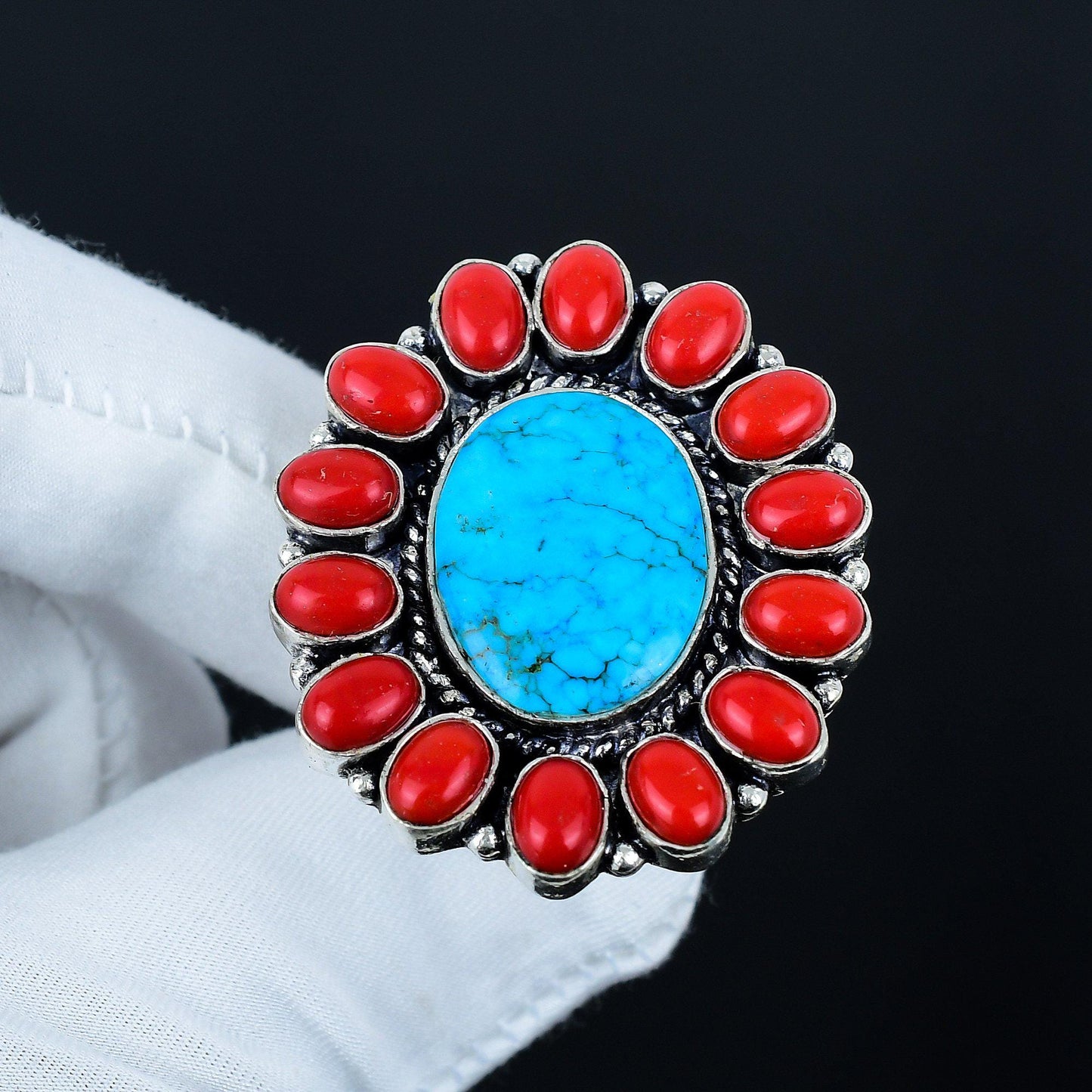 Turquoise & Red Coral Gemstone Ring