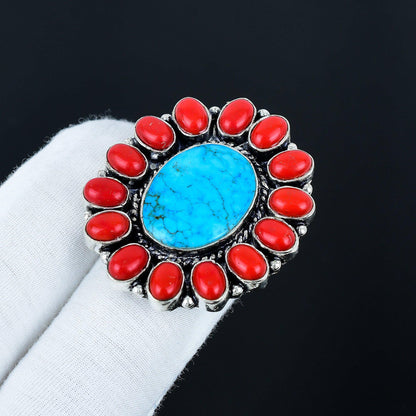 Turquoise & Red Coral Gemstone Ring