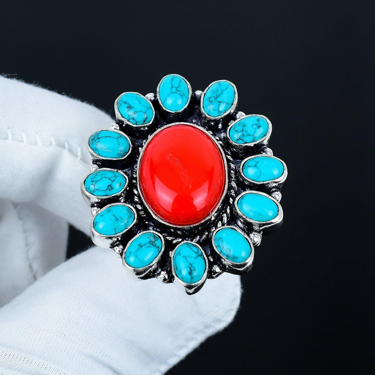 Red Coral and Turquoise Gemstone Ring
