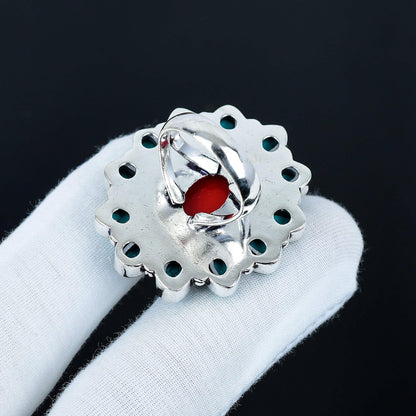 Red Coral and Turquoise Gemstone Ring
