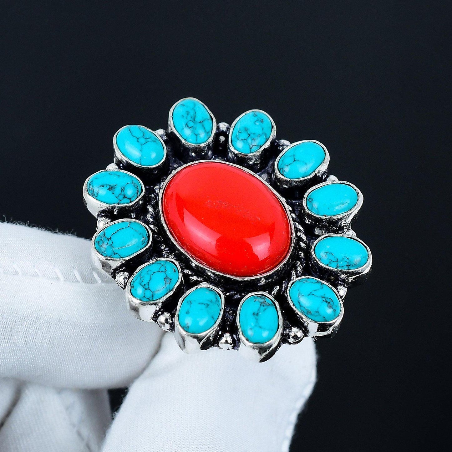 Red Coral and Turquoise Gemstone Ring