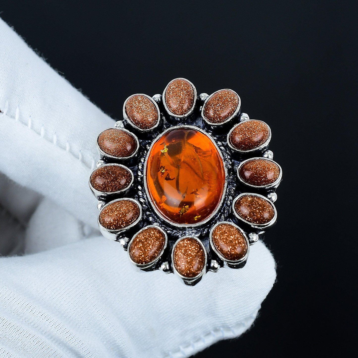 Orange Baltic Amber & Sunstone Sterling Silver Ring