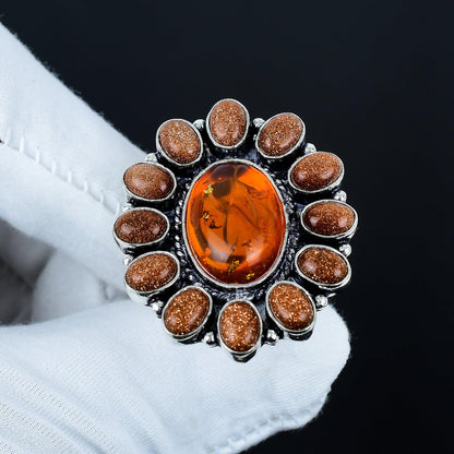 Orange Baltic Amber & Sunstone Sterling Silver Ring