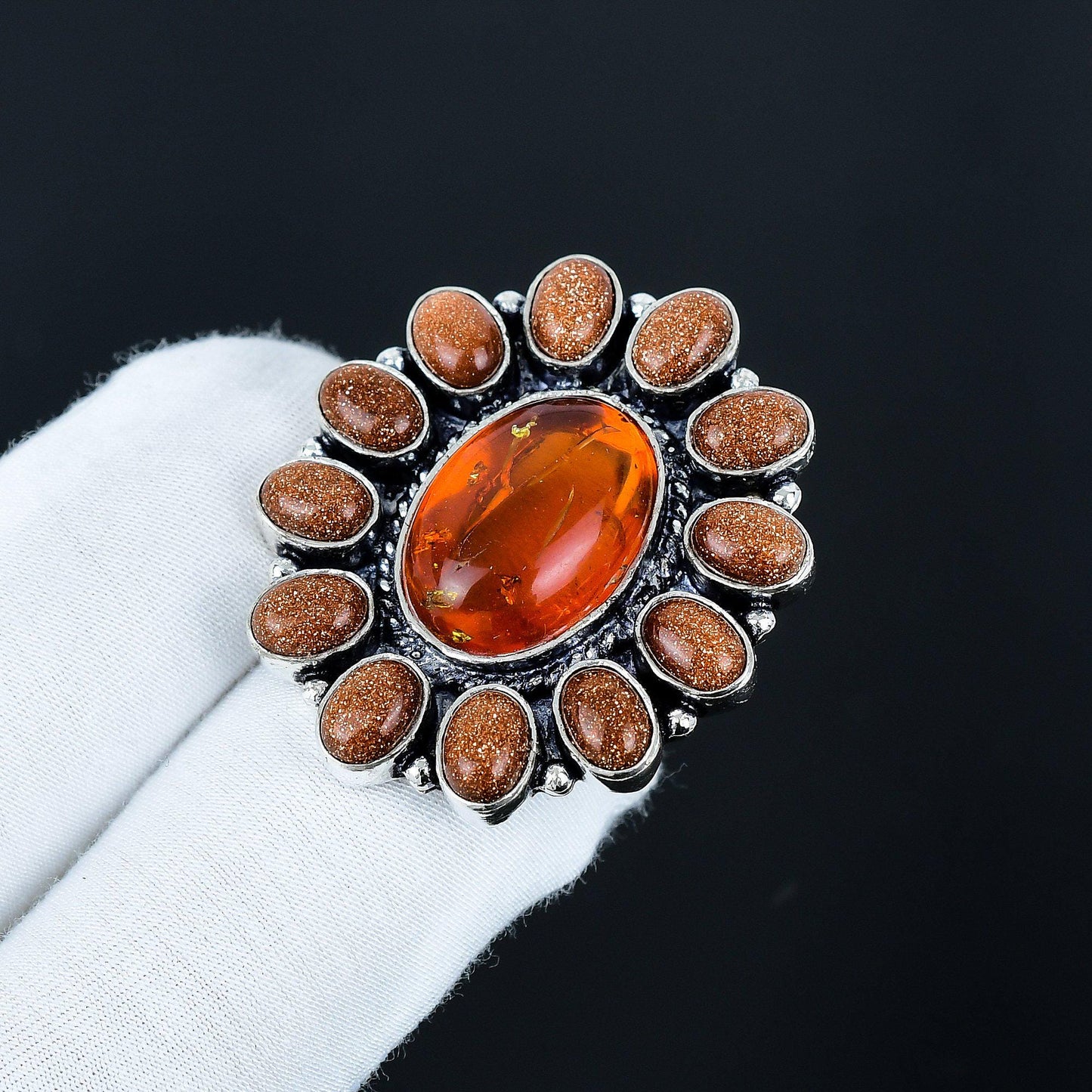 Orange Baltic Amber & Sunstone Sterling Silver Ring