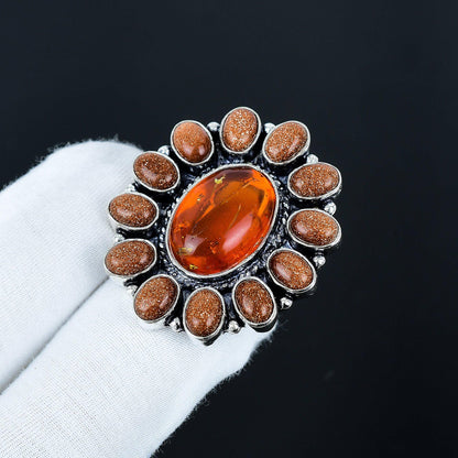 Orange Baltic Amber & Sunstone Sterling Silver Ring