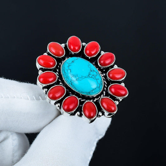 Turquoise & Red Coral Gemstone Ring