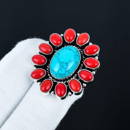 Turquoise & Red Coral Gemstone Ring