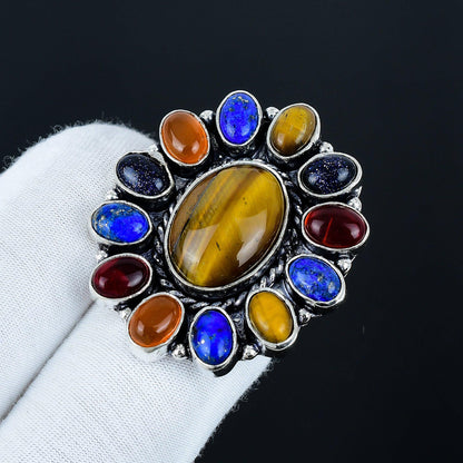 Gold-Brown Tiger Eye & Orange Carnelian Gemstone Silver Ring