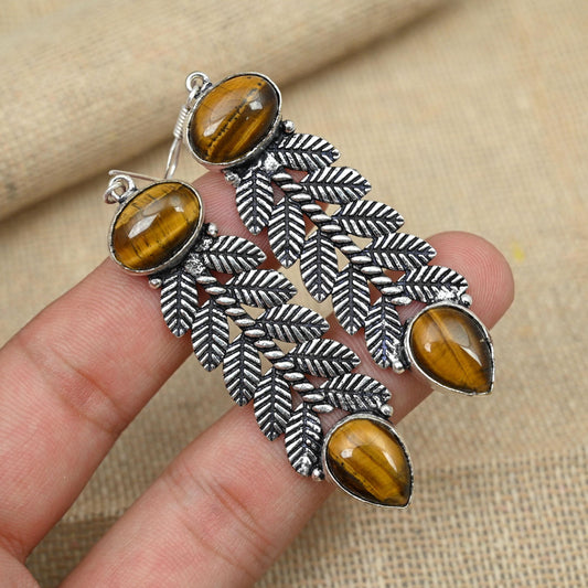 Brown Tiger Eye Silver Earrings
