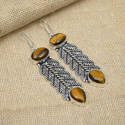 Brown Tiger Eye Silver Earrings