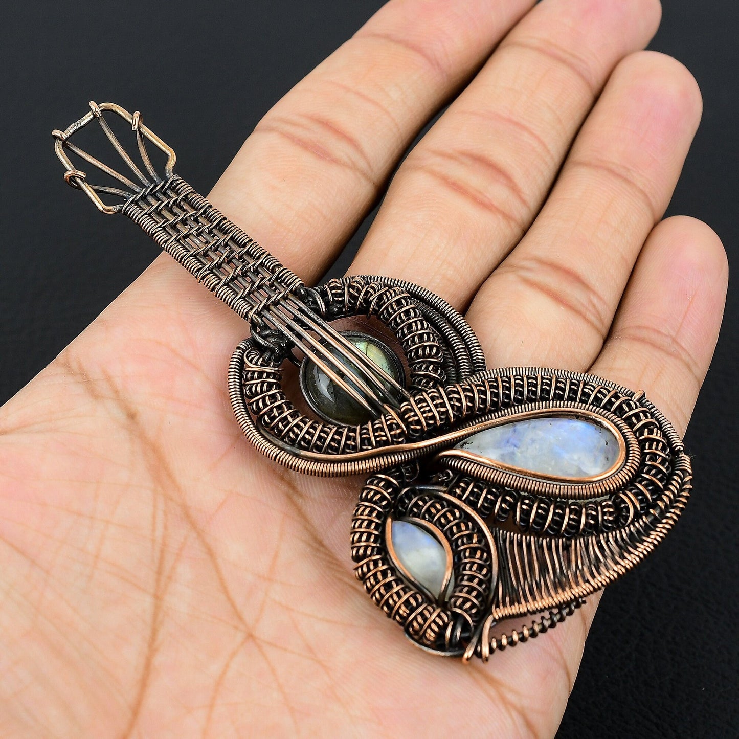 Rainbow Moonstone Labradorite Gemstone Guitar Pendant
