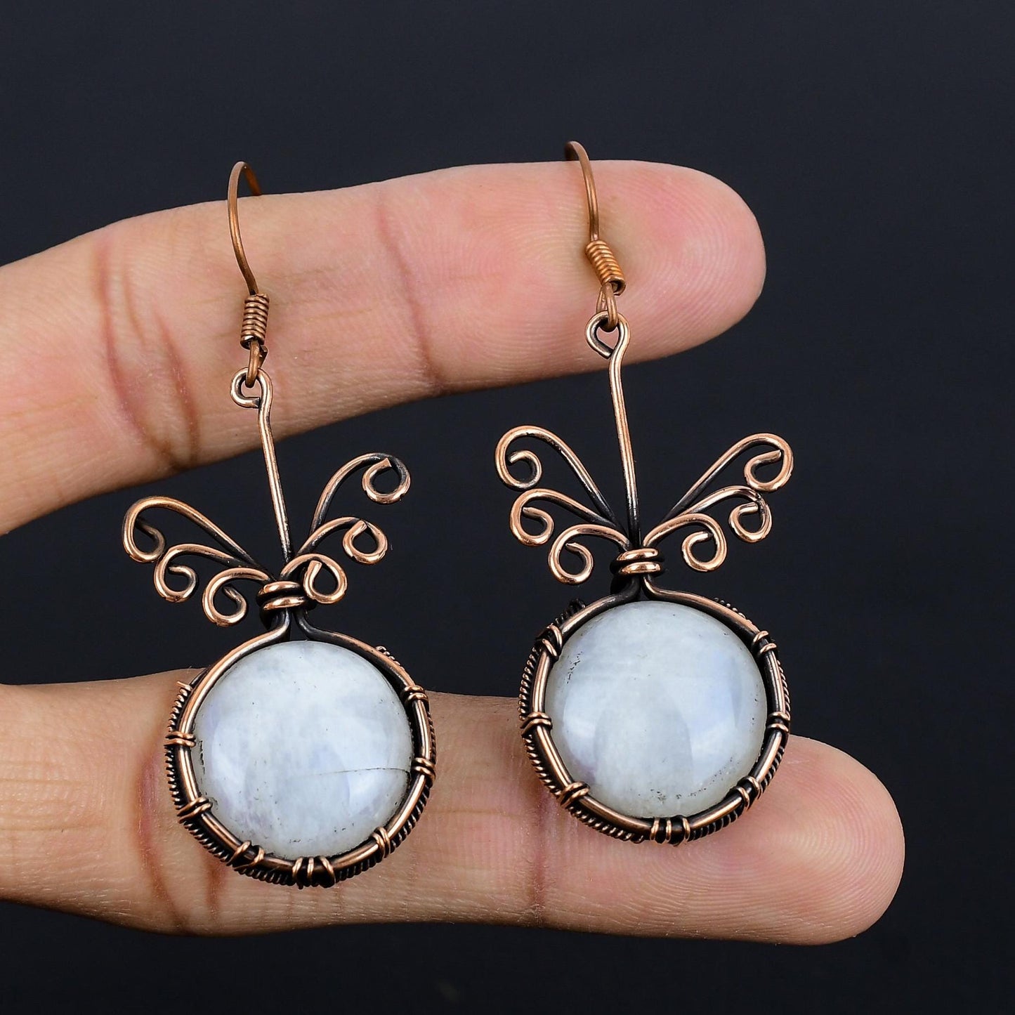 Rainbow Moonstone Gemstone Copper Earrings