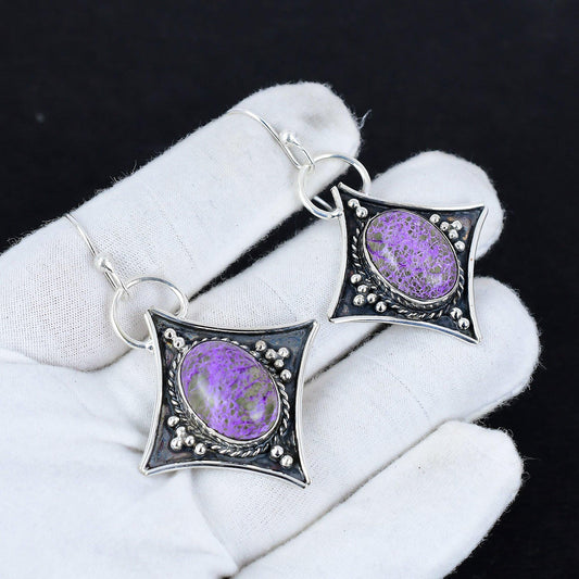 Purple Purpurite Gemstone Silver Dangle Earrings