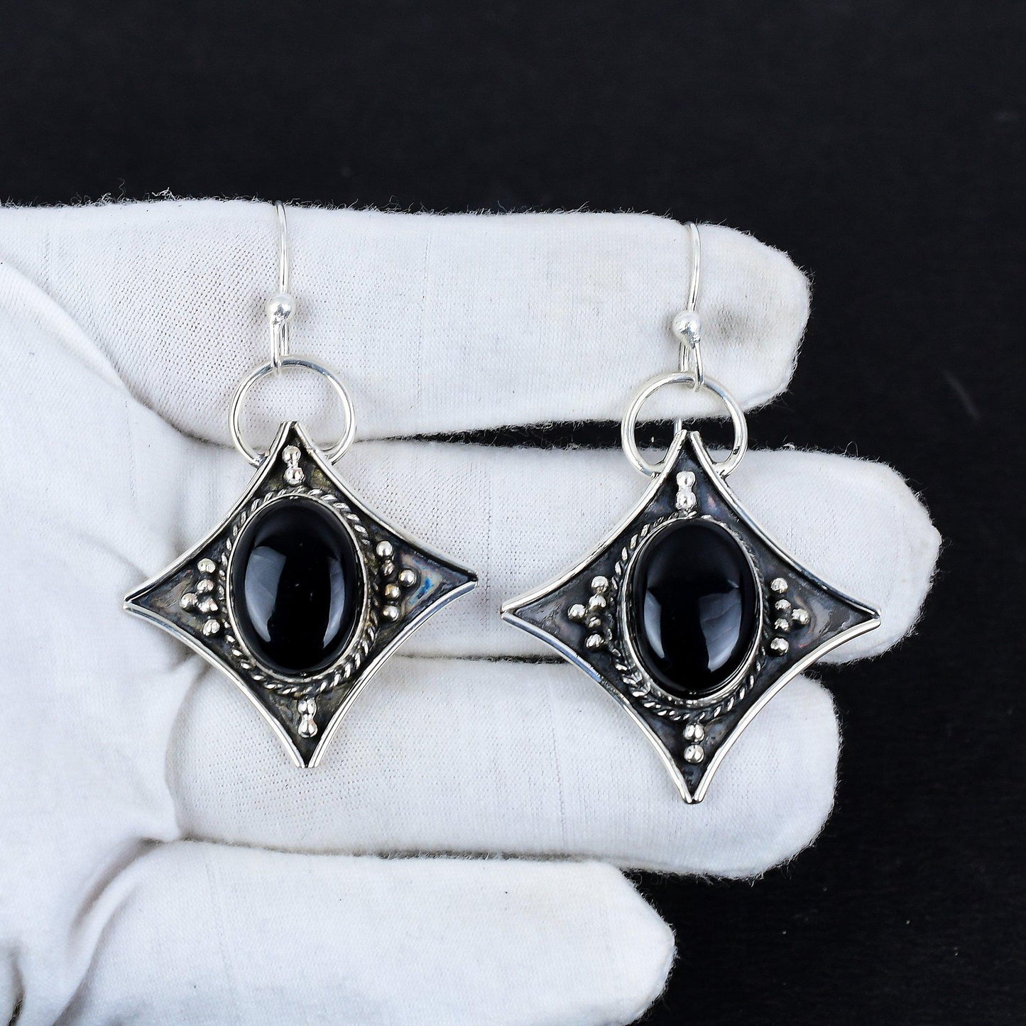 Black Onyx Gemstone Silver Dangle Earrings